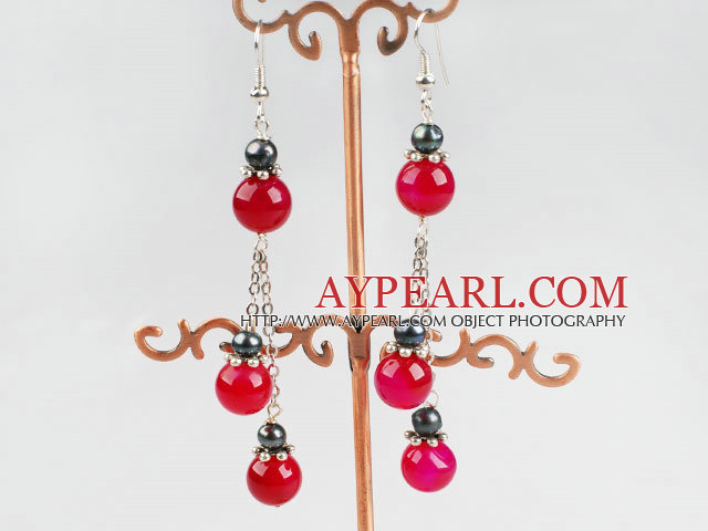 Elegant Long Chain Loop Black Pearl And Pink Agate Ball Dangle Earrings