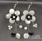 White Coin Pearl and White Freshwater Pearl and Black Crystal Flower Earrings