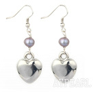Beautiful Simple Style Gray Freshwater Pearl And Tibet Silver Heart Dangle Earrings