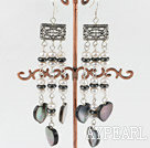 Lovely Long White Freshwater Pearl Black Heart Shape Lip Shell Dangle Earrings