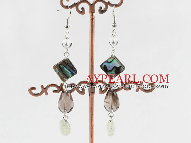 Fashion Long Style Rhombus Abalone Shell And Smoky Quartz Dangle Earrings With Fish Hook
