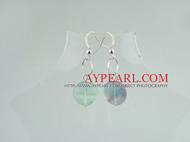 Simple Flat Round Rainbow Fluorite Ring Charm Dangle Earrings With Fish Hook
