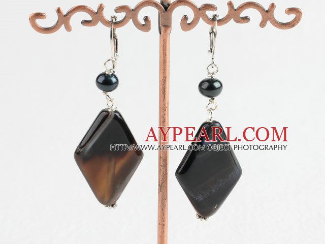 Elegant Black Freshwater Pearl And Black Rhombus Agate Dangle Earrings With Lever Back Hook