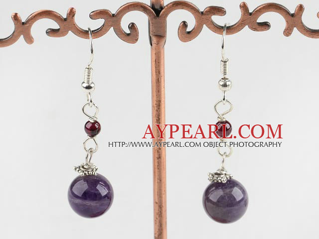Nice Round Garnet And Amethyst Ball Dangle Earrings With Fish Hook