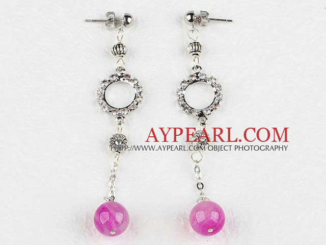 Pink agate drop earrings with rhinestone ring