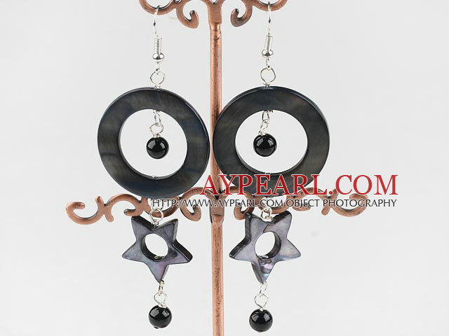 Lovely Long Style Black Series Round Agate And Donut Hollow Star Shape Shell Earrings