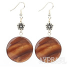 Lovely Brown Disc Shell And Metal Flower Charm Dangle Earrings With Fish Hook