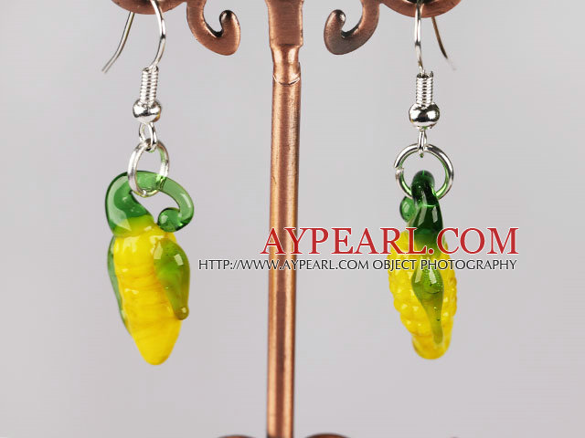 Beautiful Corn Shape Yellow Colored Glaze Dangle Earrings With Fish Hook