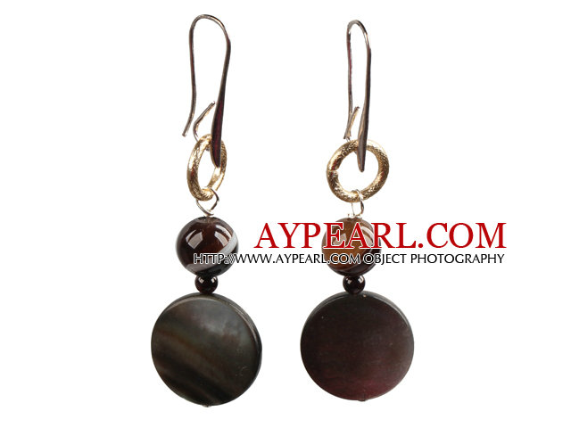 Simple Long Style Banded Agate Bead Oblate Black Lip Shell Dangle Earrings With Golden Loop