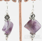 Lovely Rhombus Shape Amethyst And Flower Charm Dangle Earrings With Fish Hook