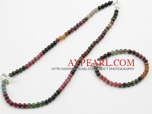Natural Tourmaline Beaded Set with 925 Sterling Silver Accessories ( Necklace and Matched Bracelet)