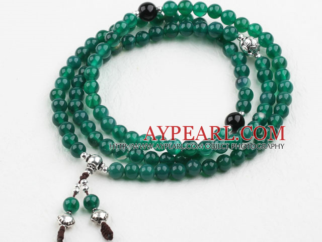 Green Agate Prayer Bracelet with Black Agate and 925 Sterling Silver Accessories ( Rosary Bracelet Total 108 Beads, can also be necklace )