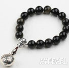 10mm Natural Obsidian Beaded Elastic Bangle Bracelet with Sterling Silver Accessory