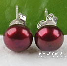 Fashion 7-8Mm Round Purplish Red Freshwater Pearl Studs