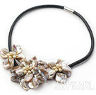 pearl and dyed gray shell flower necklace with magnetic clasp