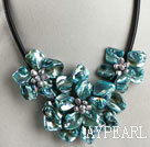 pearl and dyed blue shell flower necklace with magnetic clasp