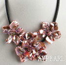 pearl and dyed pink shell flower necklace with magnetic clasp