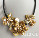 pearl and dyed yellow shell flower necklace with magnetic clasp