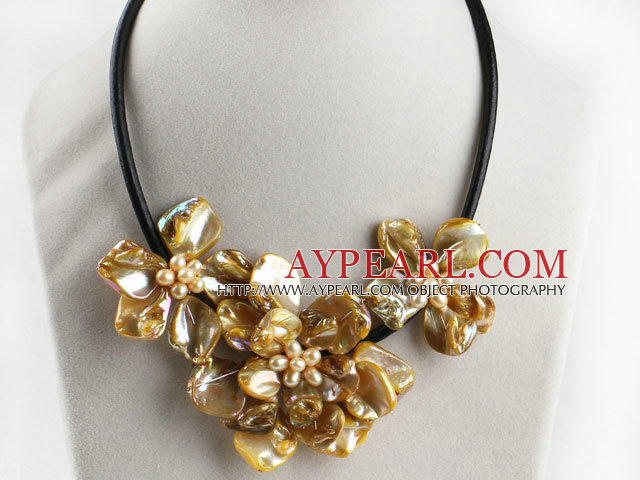 pearl and dyed yellow shell flower necklace with magnetic clasp