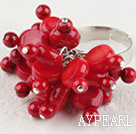 Fashion Round And Disc Shape Red Coral Cluster Flower Adjustable Ring