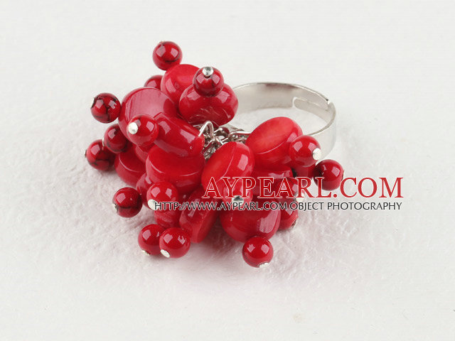 Fashion Round And Disc Shape Red Coral Cluster Flower Adjustable Ring