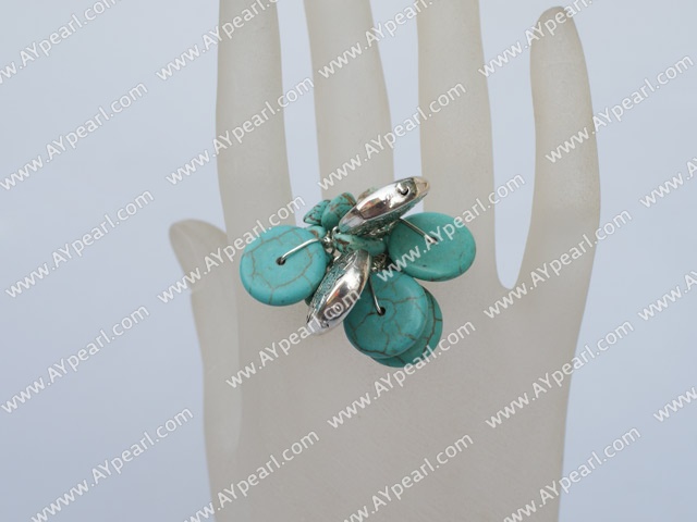 Lovely Cluster Style Disc Turquoise And Ccb Silver Like Charm Adjustable Ring 