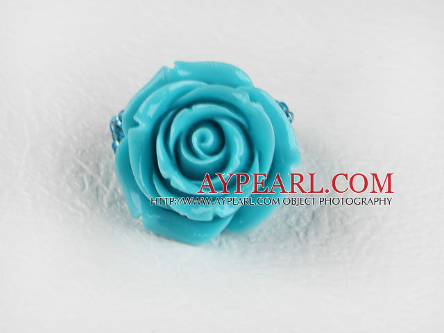 Admirably Turquoise Blue Color Rose Acrylic And Glass Beads Elastic Ring 