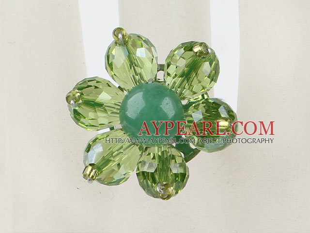 Beautiful Cute Green Series Faceted Crystal And Round Aventurine Flower Adjustable Ring