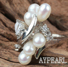 Classic Design Natural White Freshwater Pearl Ring with Rhinestone (Free Size)