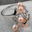 Classic Design Natural Pink Freshwater Pearl Ring with Rhinestone (Free Size)