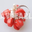 Fashion Cluster Style White Freshwater Pearl And Orange Coral Adjustable Ring