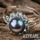 Classic Design Black Freshwater Pearl Adjustable Ring with Rhinestone