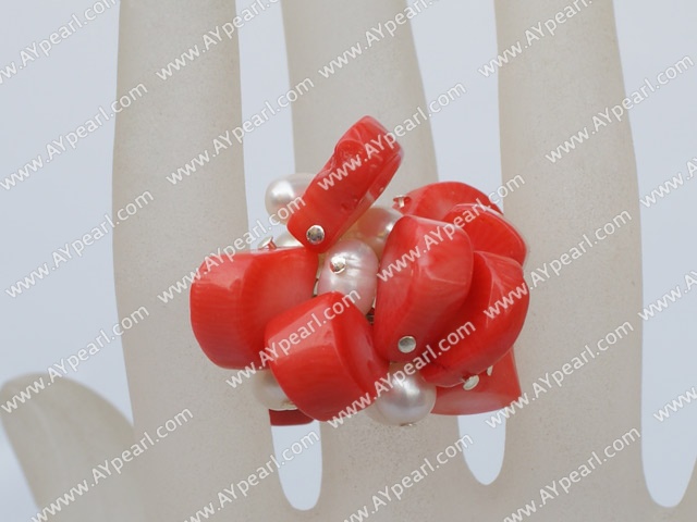 Fashion Cluster Style White Freshwater Pearl And Orange Coral Adjustable Ring