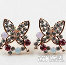 Fashion Style Butterfly Shape Multi Color Rhinestone Gold Plated Hypoallergenic Studs Earrings