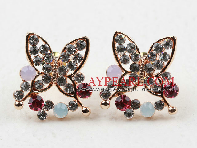 Fashion Style Butterfly Shape Multi Color Rhinestone Gold Plated Hypoallergenic Studs Earrings