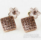 Fashion Style Rhombus Shape Rhinestone with Flower Accessories Gold Plated Hypoallergenic Studs Earrings