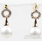 Fashion Style Immitation Round Pearl with Ring Shape Rhinestone Gold Plated Hypoallergenic Studs Earrings