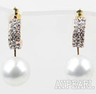 Fashion Style Immitation Round Pearl with Rhinestone Gold Plated Hypoallergenic Hoop Studs Earrings