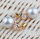 Simple Style Immitation Round Pearl with Rhinestone Gold Plated Hypoallergenic Studs Earrings