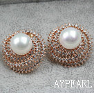 Immitation Round Pearl with Hat Shape Rhinestone Gold Plated Hypoallergenic Studs Earrings