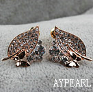 Fashion Style Leaf Shape Rhinestone with Butterfly Gold Plated Hypoallergenic Studs Earrings