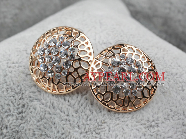 Fashion Style Round Shape Hollow Rhinestone Gold Plated Hypoallergenic Studs Earrings