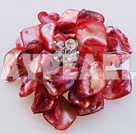 Decent White Clear Crystal And Red Shell Flower Brooch