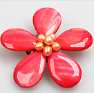 Wholesale Beautiful Natural Watermelon Red Pearl Drop Shape Shell Flower Brooch