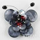 butterfly shape red black crysral and shell brooch