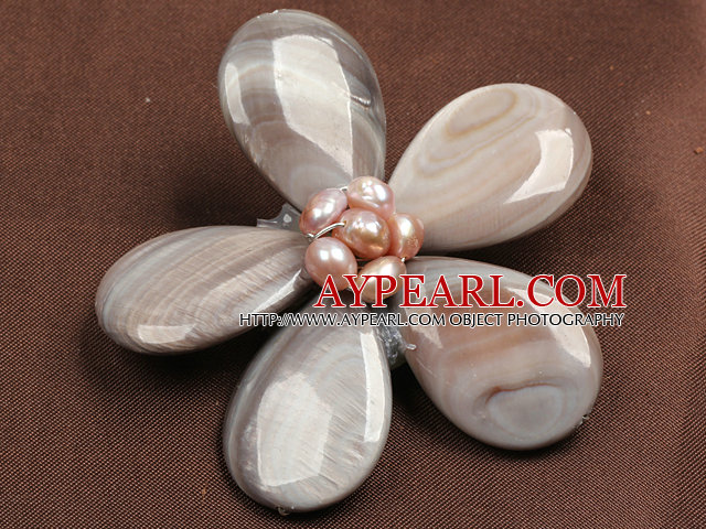 Beautiful Natural Grey Pearl Drop Shape Shell Flower Brooch