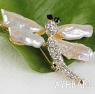 natural white color Biwa pearl dragonfly shape brooch with rhinestone