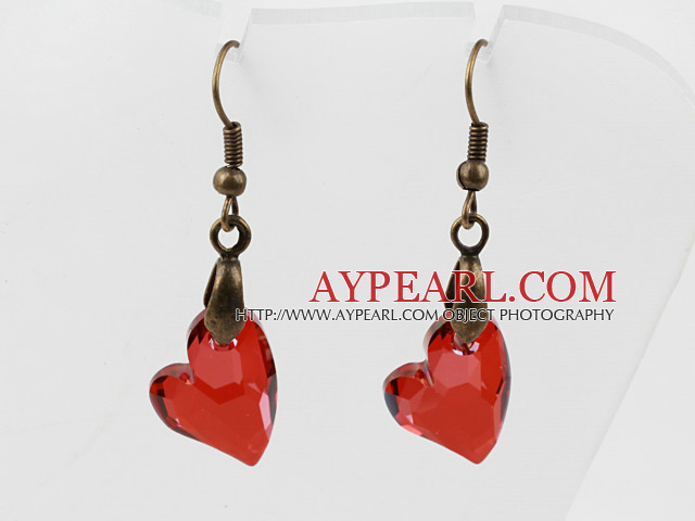 Vintage Style Heart Shape Bright Red Color Austrian Crystal Earrings