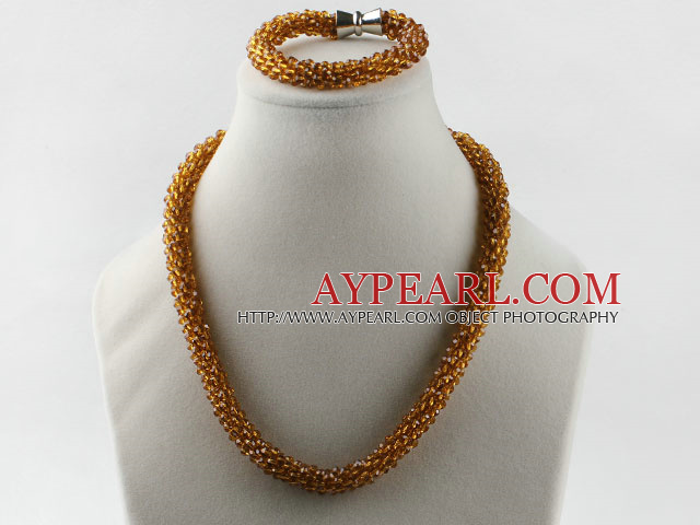 Coffe color Czech crystal necklace bracelet set with magnetic clasp