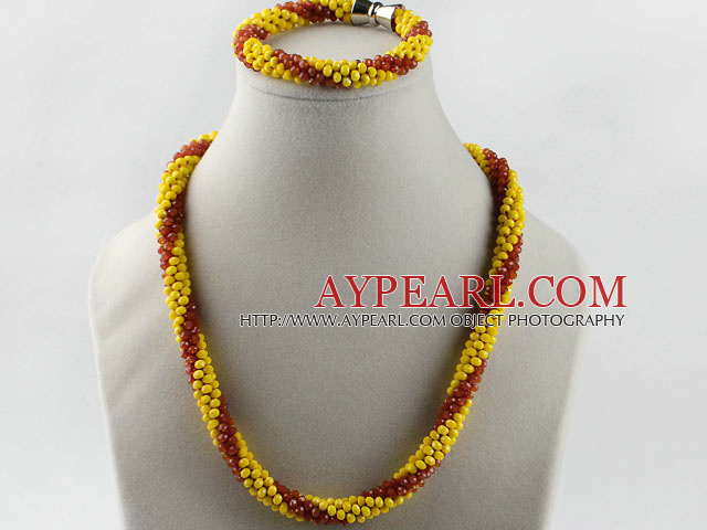 red and yellow Czech crystal necklace bracelet set with magnetic clasp